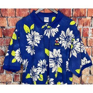 The Disney Store Mickey Mouse Blue Flowers Floal Hawaiian Men’s XL Polo Shirt